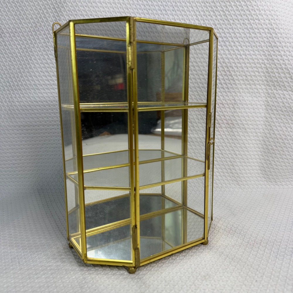 Vintage Brass Glass Curio Display Cabinet Mirrored Wall Hanging Hexagon 9 Inch